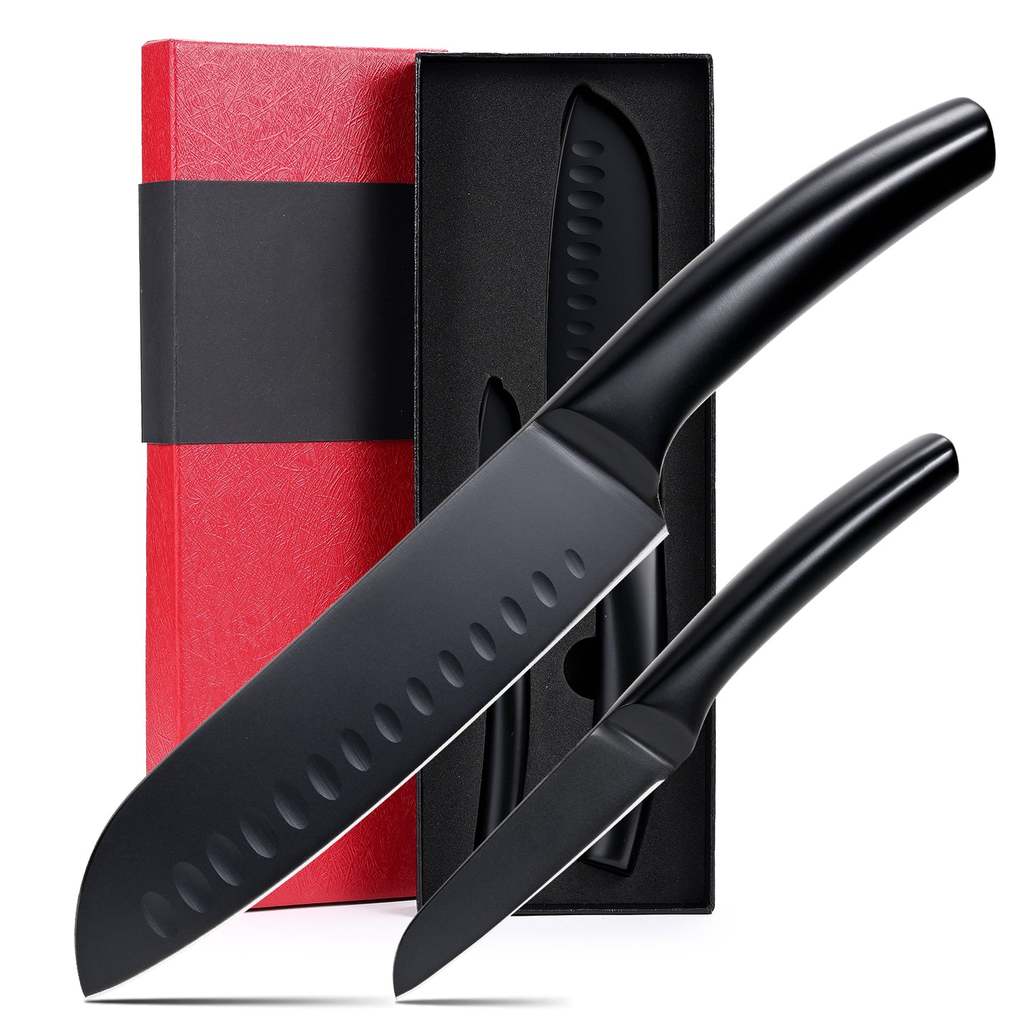 SHI BA ZI ZUO 2 Pieces Kitchen Knife Set,Santoku Knife and Paring Knife,Black Ti Coating Japanese Chef Knife Fruit Knife with Hollow Handle