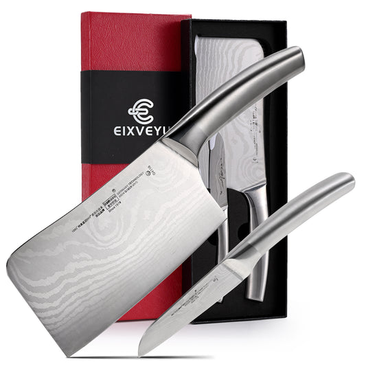 SHI BA ZI ZUO Chopping Knife and Fruit Knife,2 Pieces Kitchen Knife Set Damascus Pattern Chinese Cleaver Paring Knife with Hollow Handle
