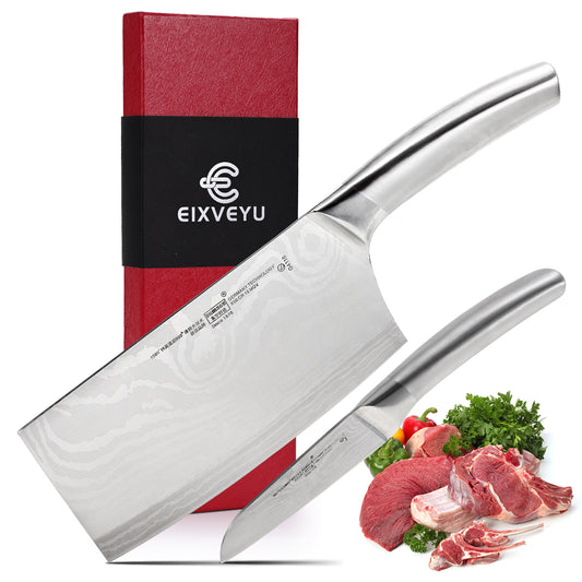 SHI BA ZI ZUO 2 Pieces Knife Set Cleaver Knife and Paring Knife,Stainless Steel Fruit knife Meat Knife with Damascus Pattern,Anti-Slip Hollow Handle