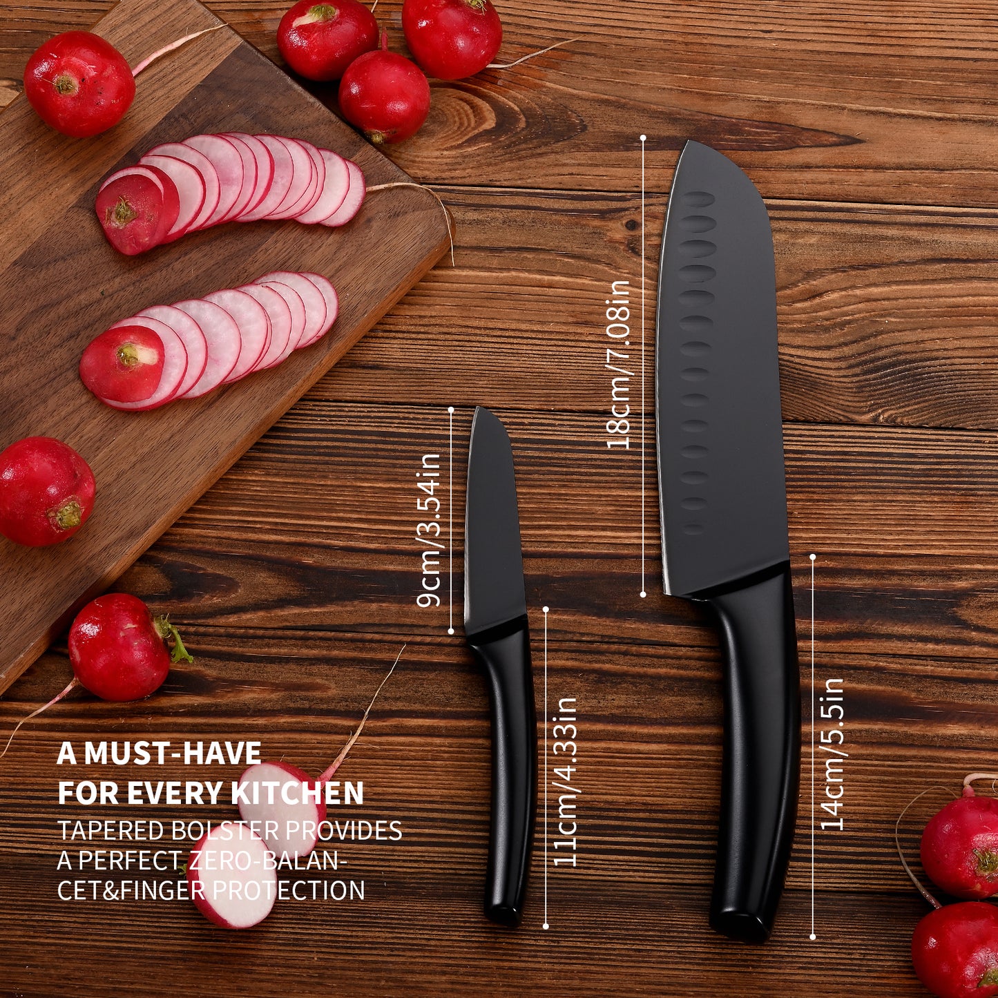 SHI BA ZI ZUO 2 Pieces Kitchen Knife Set,Santoku Knife and Paring Knife,Black Ti Coating Japanese Chef Knife Fruit Knife with Hollow Handle