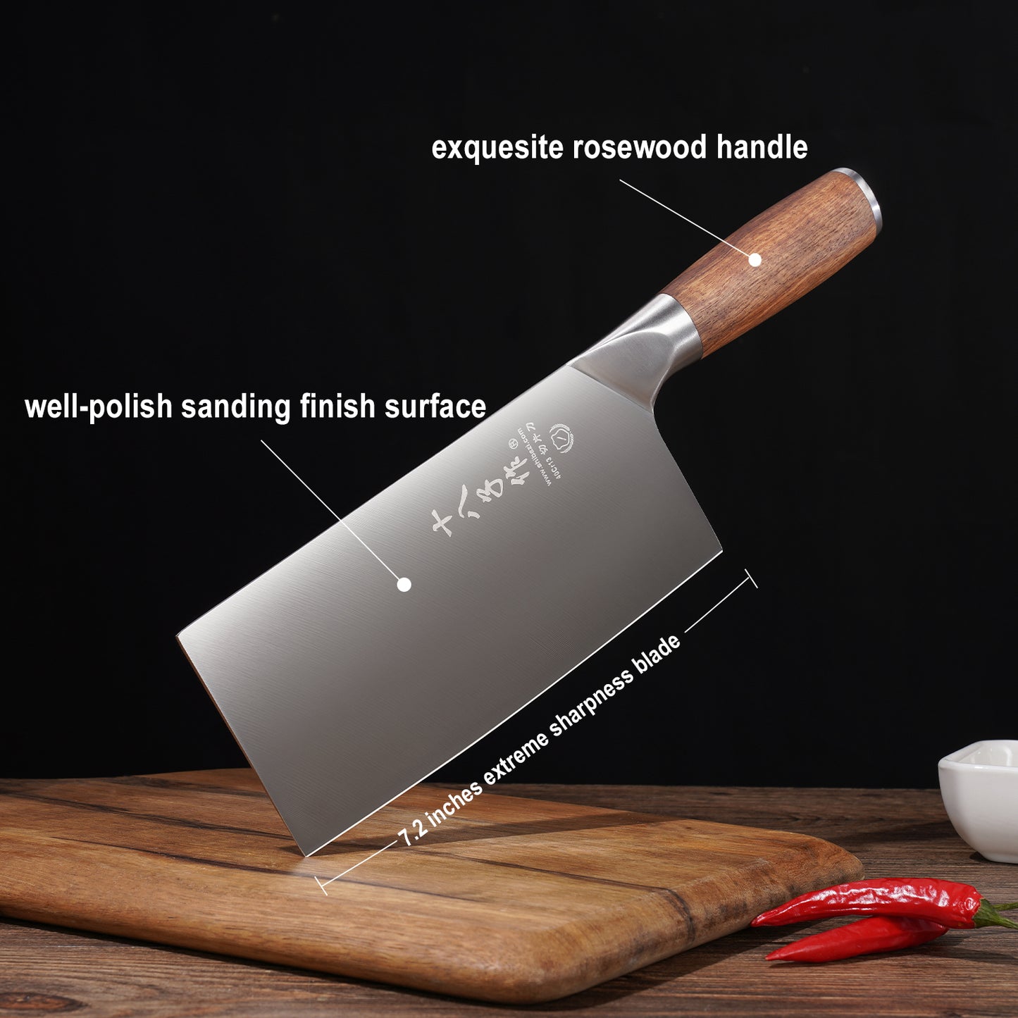 SHI BA ZI ZUO Cuchillo de Chef chino de 7 pulgadas, cuchillo de carnicero de acero inoxidable para carne y verduras con mango ergonómico de palisandro