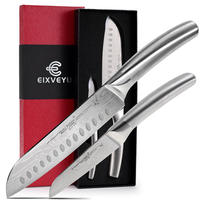 SHI BA ZI ZUO Santoku Knife and Fruit Knife Damascus Pattern Kitchen Knife Set Stainless Steel Japanese Chef Knife Paring Knife with Hollow Handle