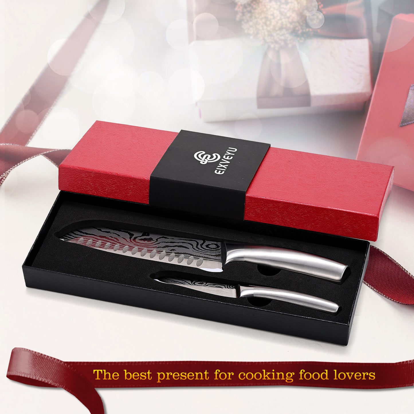 SHI BA ZI ZUO Santoku Knife and Fruit Knife Damascus Pattern Kitchen Knife Set Stainless Steel Japanese Chef Knife Paring Knife with Hollow Handle