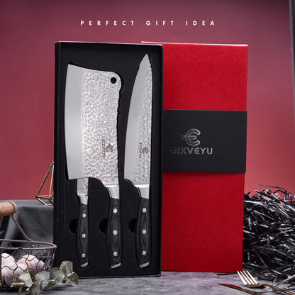 Kitchen knife set, butcher knife, chef's knife, and fruit knife 3-piece set, professional kitchen knife, forged vegetable knife, meat knife, paring knife, wooden handle, gift box