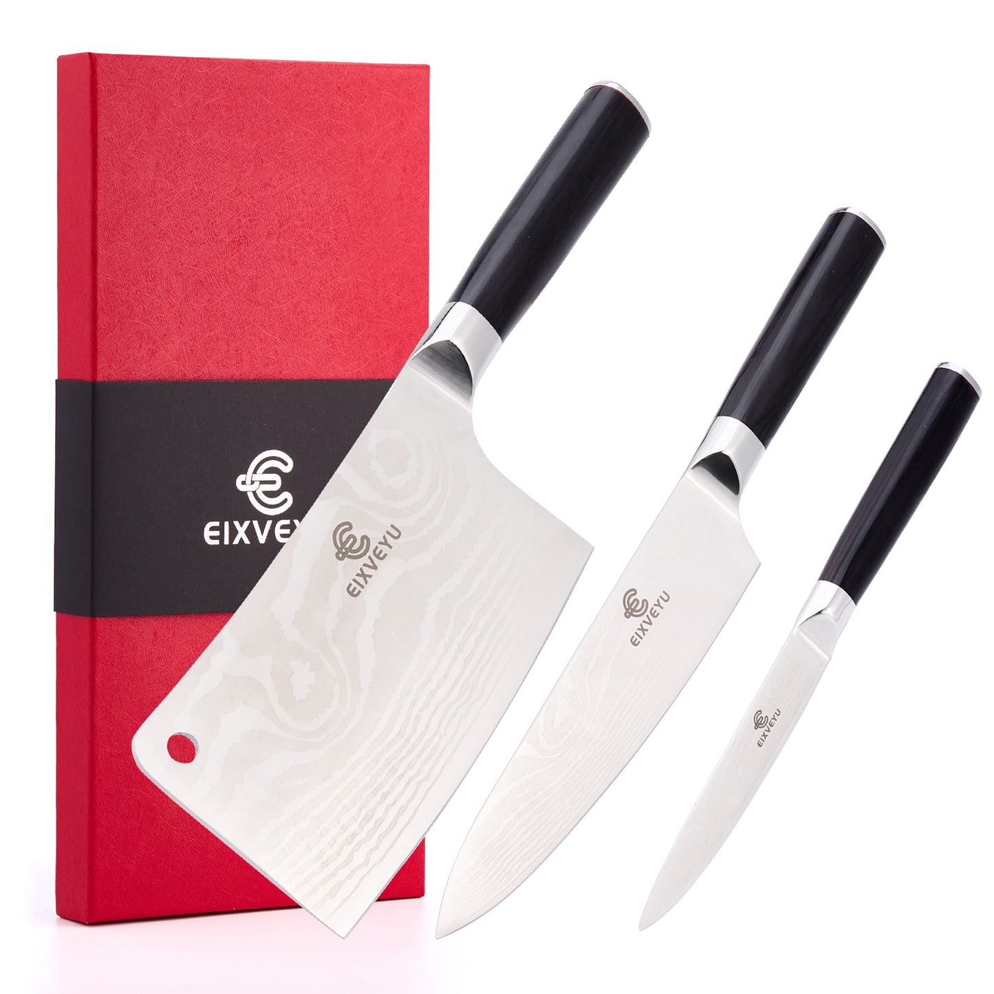 Kitchen knife set, butcher knife, chef's knife, and fruit knife 3-piece set, professional kitchen knife, Damascus pattern vegetable knife, meat knife, paring knife, wooden handle, gift box