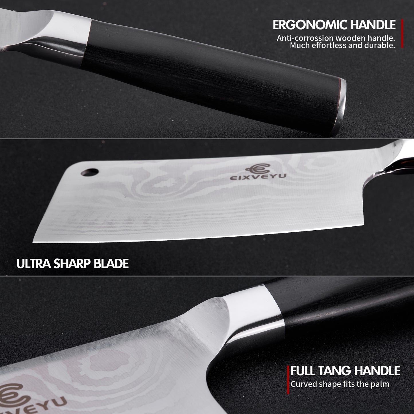 Kitchen knife set, butcher knife, chef's knife, and fruit knife 3-piece set, professional kitchen knife, Damascus pattern vegetable knife, meat knife, paring knife, wooden handle, gift box