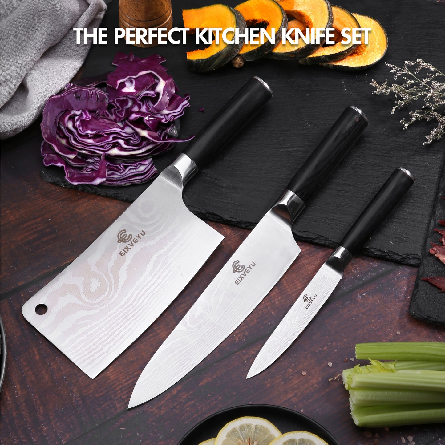 Kitchen knife set, butcher knife, chef's knife, and fruit knife 3-piece set, professional kitchen knife, Damascus pattern vegetable knife, meat knife, paring knife, wooden handle, gift box