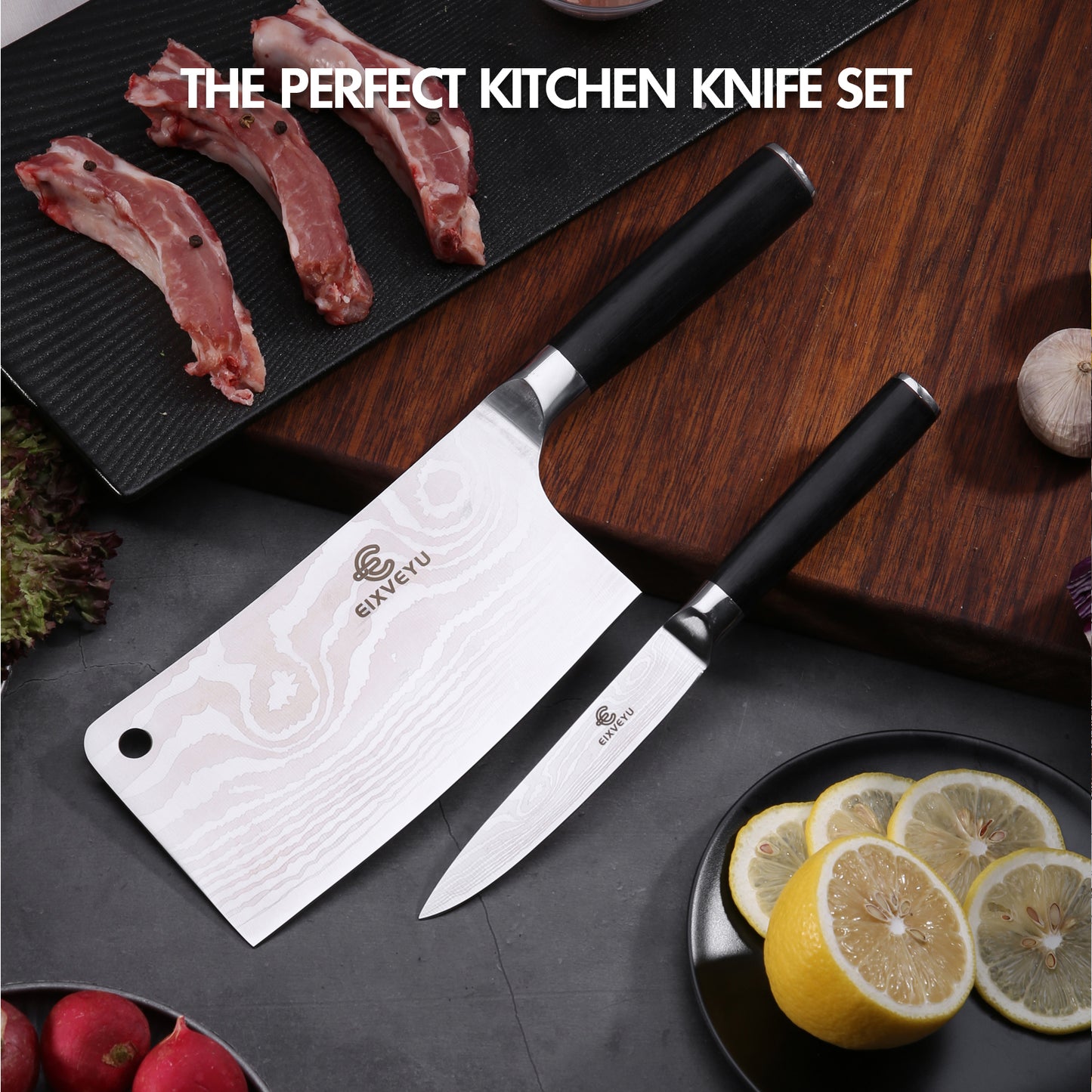 Kitchen knife set, butcher knife and fruit knife 2-piece set, professional chef's knife kitchen knife, Damascus pattern vegetable knife meat knife paring knife, stainless steel handle, gift box