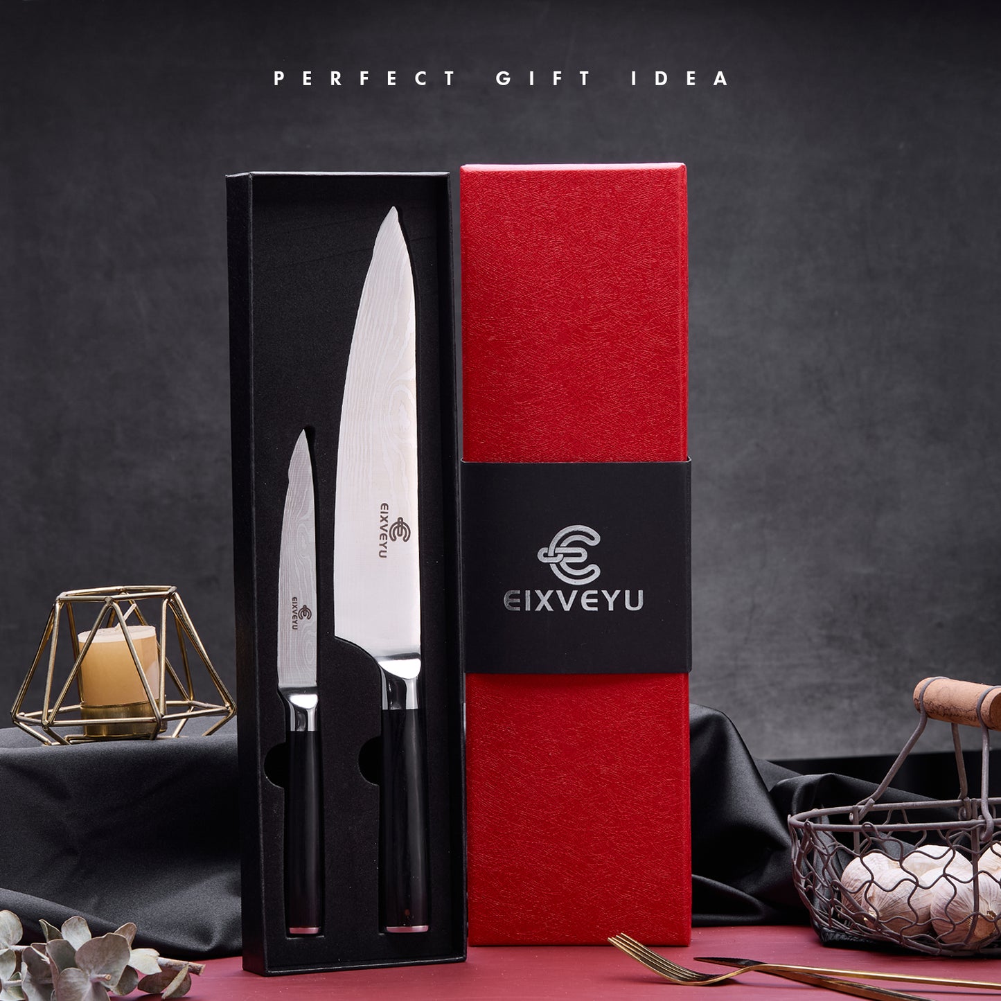 Chef's knife and fruit knife 2-piece set, kitchen knife set, professional chef's knife kitchen knife, Damascus pattern vegetable knife meat knife paring knife, stainless steel handle, gift box