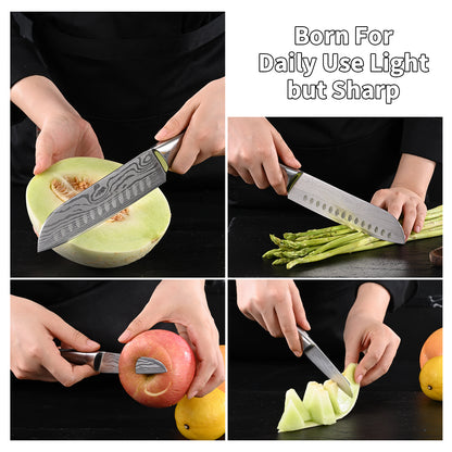 SHI BA ZI ZUO Santoku Knife and Fruit Knife Damascus Pattern Kitchen Knife Set Stainless Steel Japanese Chef Knife Paring Knife with Hollow Handle