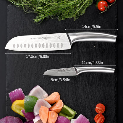 SHI BA ZI ZUO Santoku Knife and Fruit Knife Damascus Pattern Kitchen Knife Set Stainless Steel Japanese Chef Knife Paring Knife with Hollow Handle