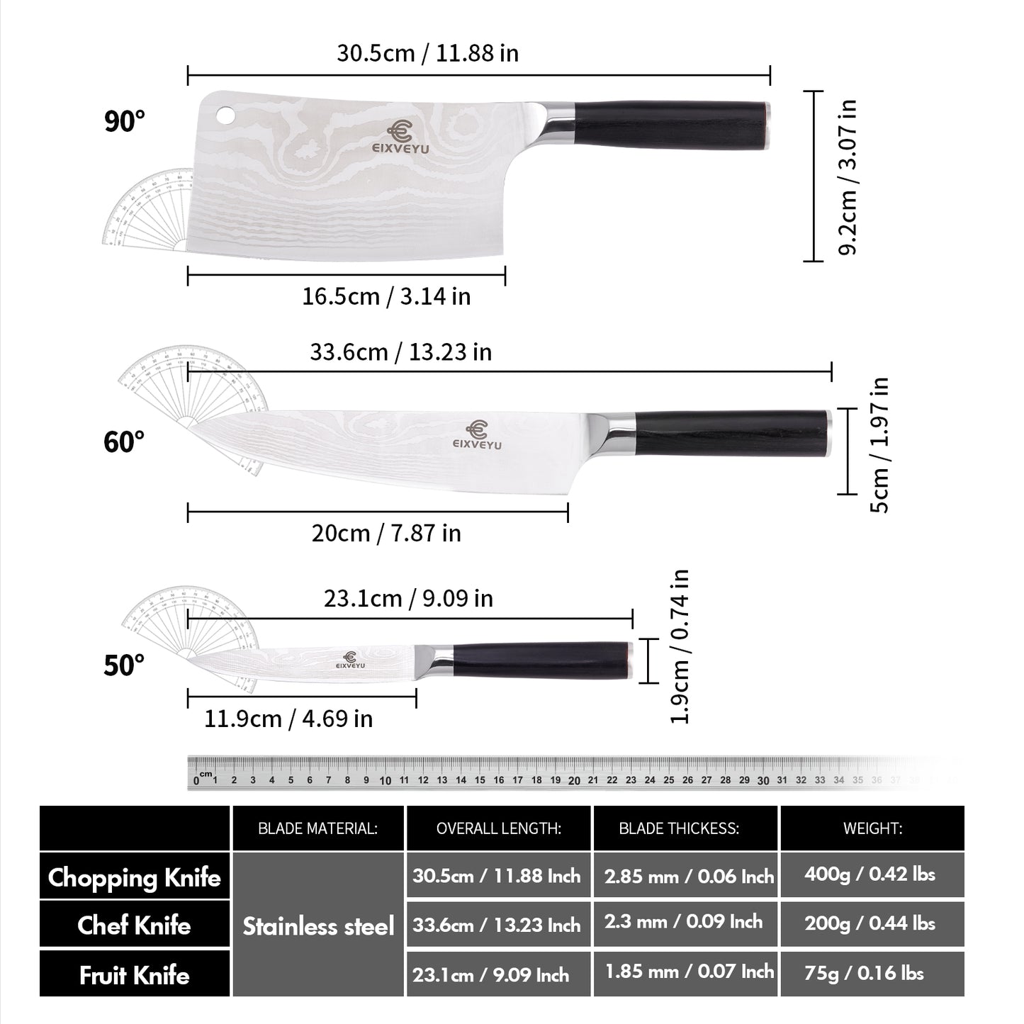 Kitchen knife set, butcher knife, chef's knife, and fruit knife 3-piece set, professional kitchen knife, Damascus pattern vegetable knife, meat knife, paring knife, wooden handle, gift box